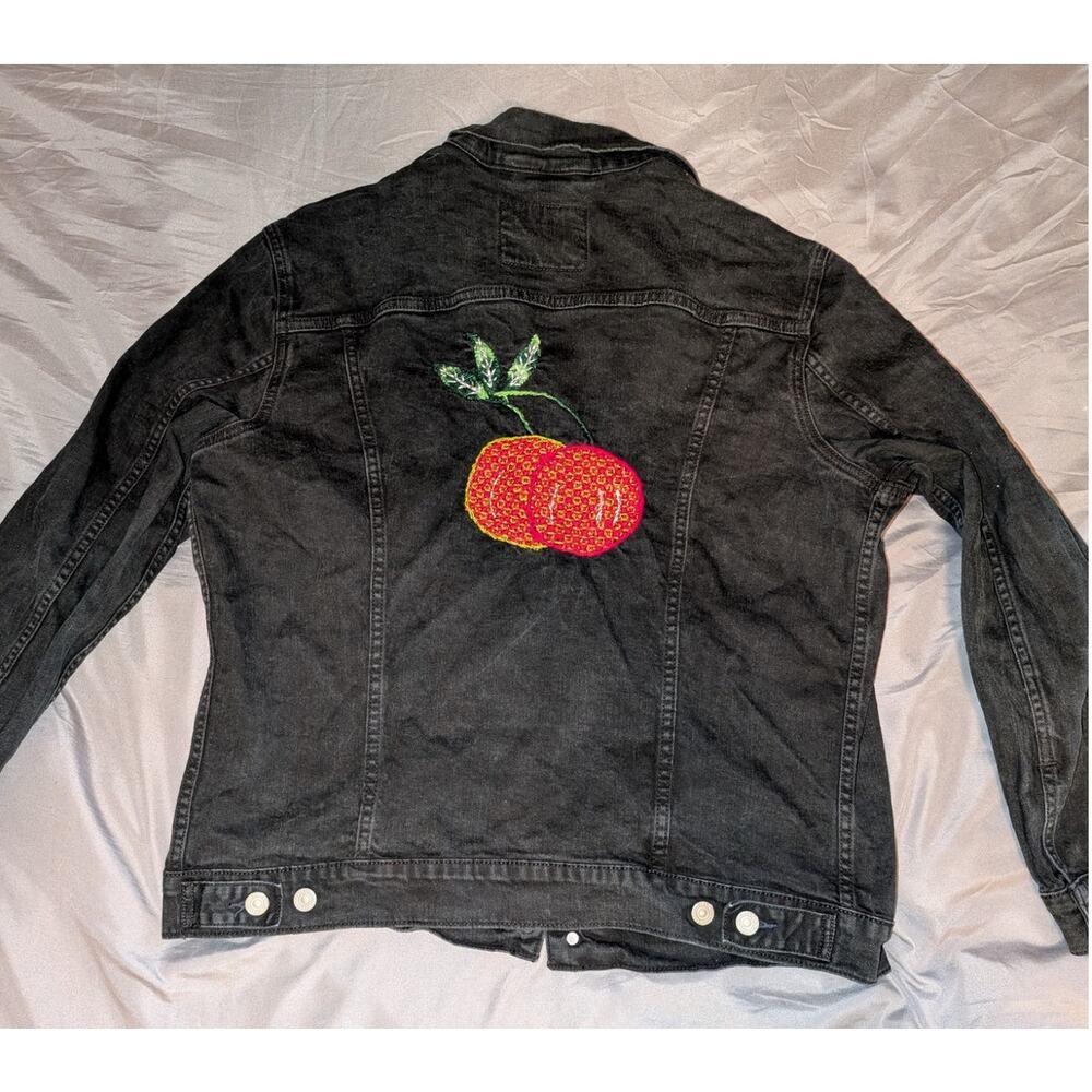 Levis Denim Trucker Jacket XL Black Brown Leather tag Cherry Stitching on Back